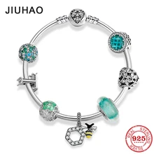 Зеленые круглые стеклянные бусины, 925 пробы, серебряные женские аксессуары, очаровательный кулон в виде пчелы, браслеты для женщин, подарок