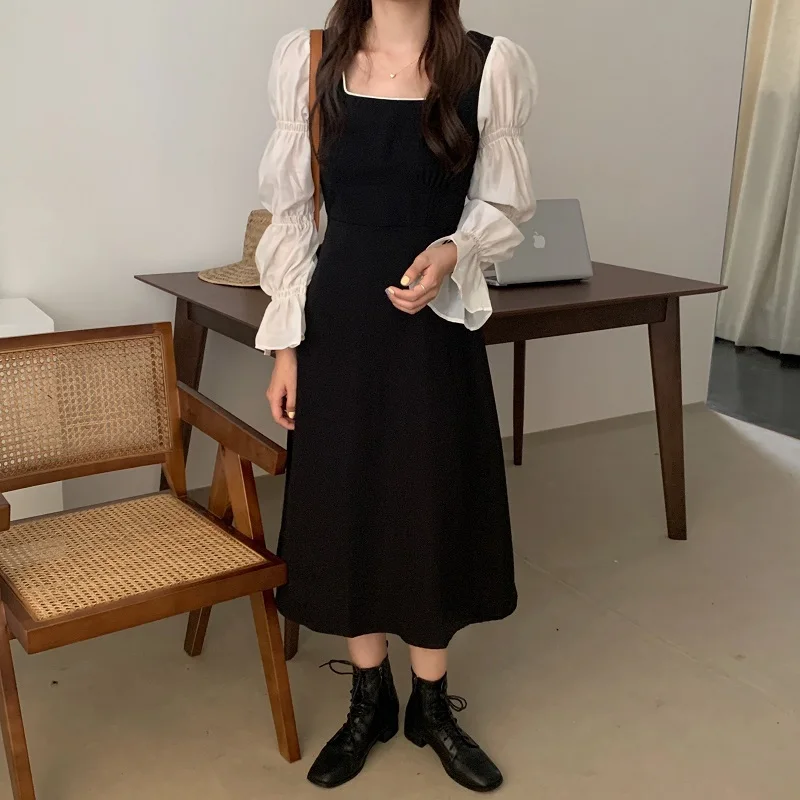 

Женское платье с длинными рукавами, нежное лоскутное длинное платье с пышными рукавами, Элегантный квадратный вырез