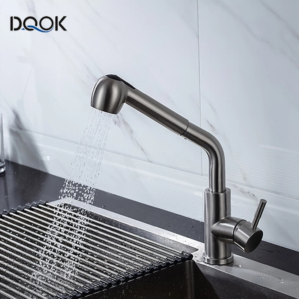 DQOK Brushed Nickel Kitchen Faucets Single Hole  360 Degree Swivel Pull Out Black Kitchen Sink Faucet Mixer Stainless Steel Tap