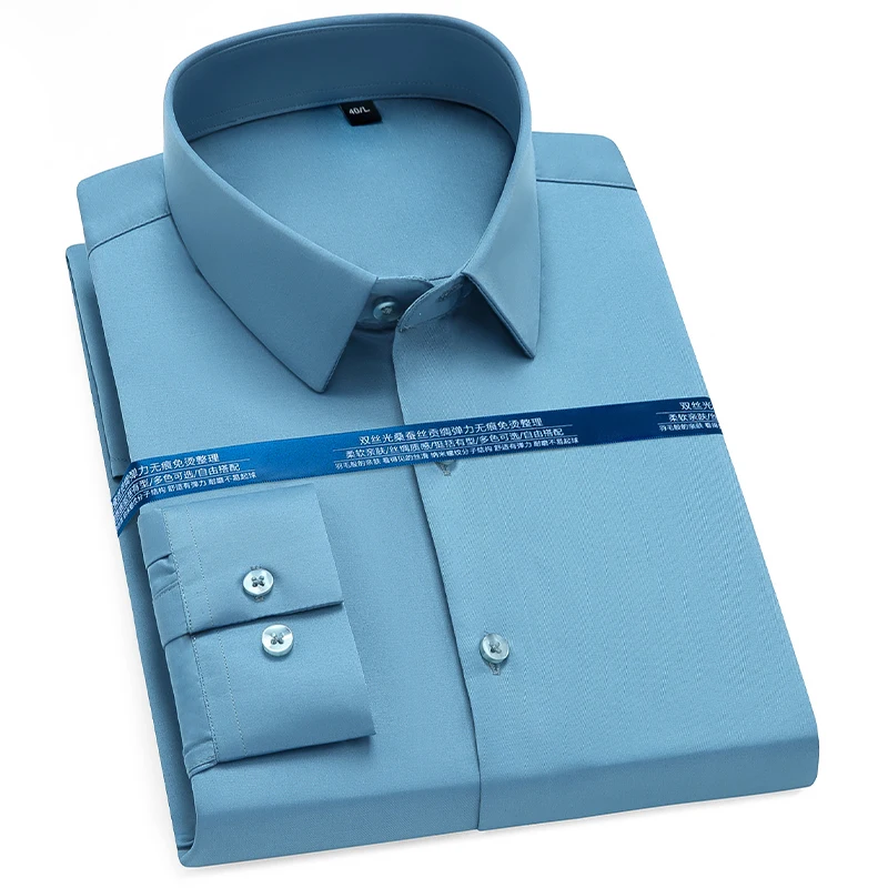 Luxury Grade Anti-wrinkle Non-iron Shirts For Mens Long Sleeve Pocket-less Formal No Trace Business Slim Fit Social Smart Shirt
