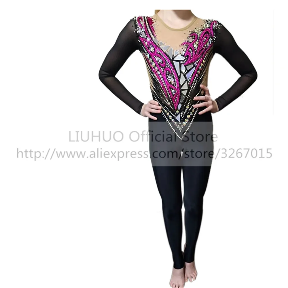 LIUHUO Women's Girls' Adult Black Performance Rhythmic Gymnastics Competition Leotard Ice Figure Skating Dress Tights Bodysuit