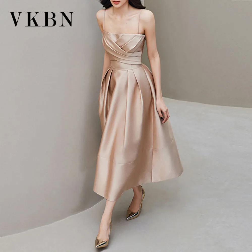 

VKBN Birthday Dress for Women Spaghetti Strap Strapless A-line Summer Sleeveless Champagne Design Party Evening Dresses Female