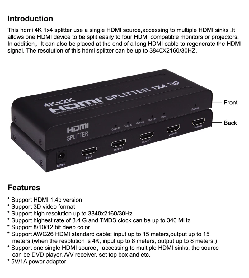 4kx2k HDMI Splitter 1x4 Distributor Converter 1 in 2 4 TV out 3D