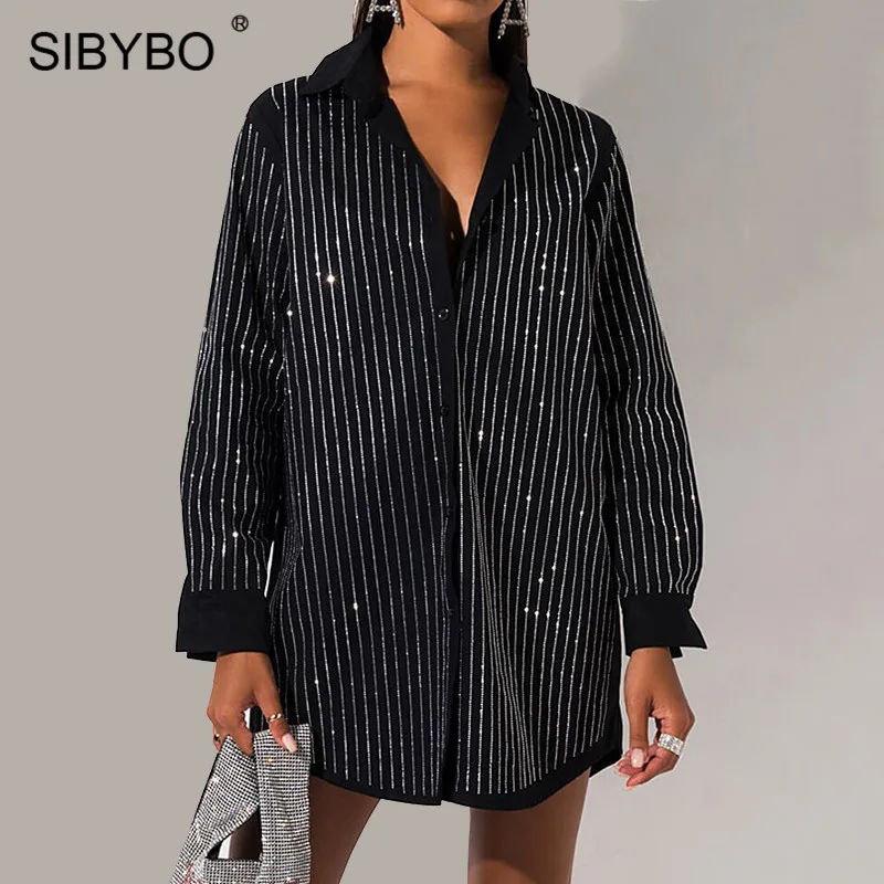 Женское платье рубашка со стразами SIBYBO свободное Повседневное мини в полоску с