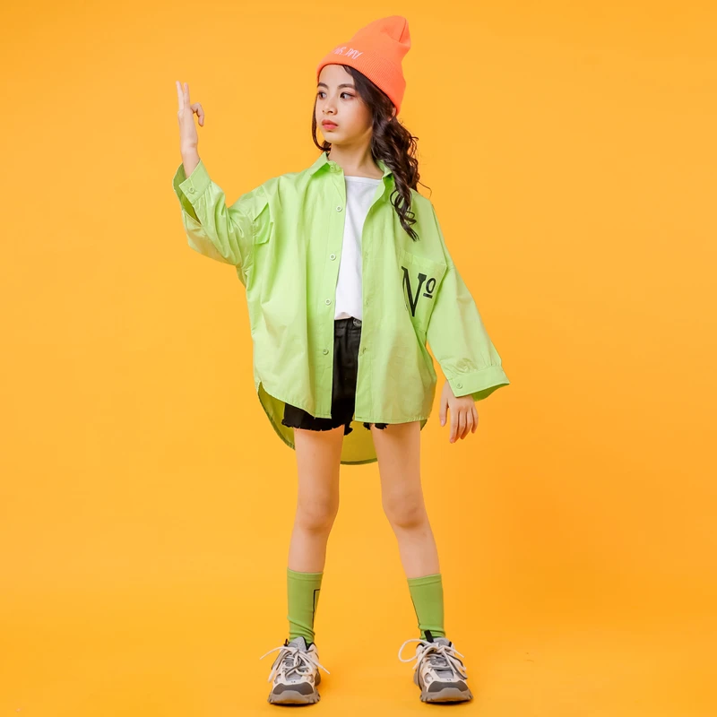 Ropa de calle de Hip Hop para niños, camisa verde, pantalones cortos vaqueros para niñas, cantantes, Ropa de baile, de Carnaval| | - AliExpress