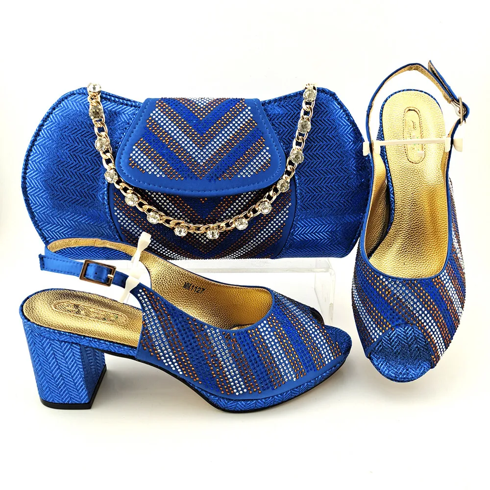 Fashion Royal Blue Women Shoes Match Handbag With Rhinestones