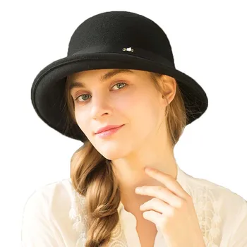 

Women Wool bucket hat party formal headwear lady winter fashion fedora asymmetric bowknot 100% wool felt hats M78