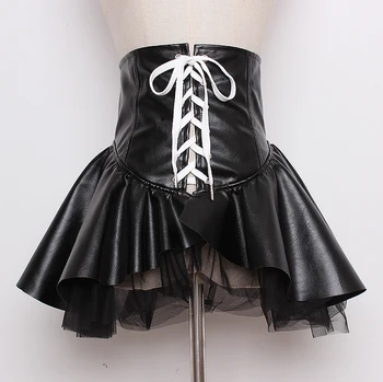 

Faux Leather Lotus Bandage Waist Belts For Women Super Wide Black PU Double Mesh Mini Skirt Decoration Ladies Slim Corset Belts