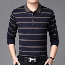 Мужская полосатая рубашка поло с длинным рукавом Осень Зима Новая модная Высококачественная Мужская Повседневная Однотонная рубашка поло брендовая одежда