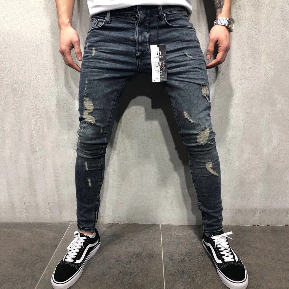 Navy Blue SIKETU, мужские джинсы, средняя талия, повседневные, тонкие, длина, обтягивающие джинсы, Мужская Уличная мода, рваные джинсы для мужчин, calcha masculina D40 - Цвет: Navy Blue