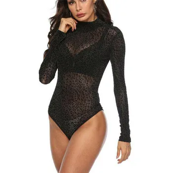 

2020 Sexy Women Long Sleeve Mesh Floral See Through Jumpsuit Bandage Bodysuit Leotard Tops Black Blouse T-shirt Jumpsuit Romper
