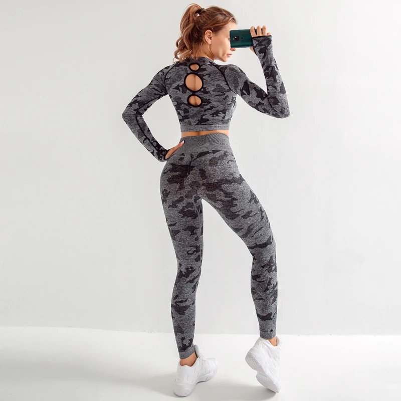 Beste Yoga Set Vrouwen Naadloze Fitness Kleding Yoga Beha Sport Lange Mouwen Tops Camouflage Gym Leggings Broek Pak Workout Sportkleding