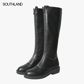 

SOUTHLAND Winter Botas Mujer ins fashion blogger retro high boots women leather zippers flat Women's boots