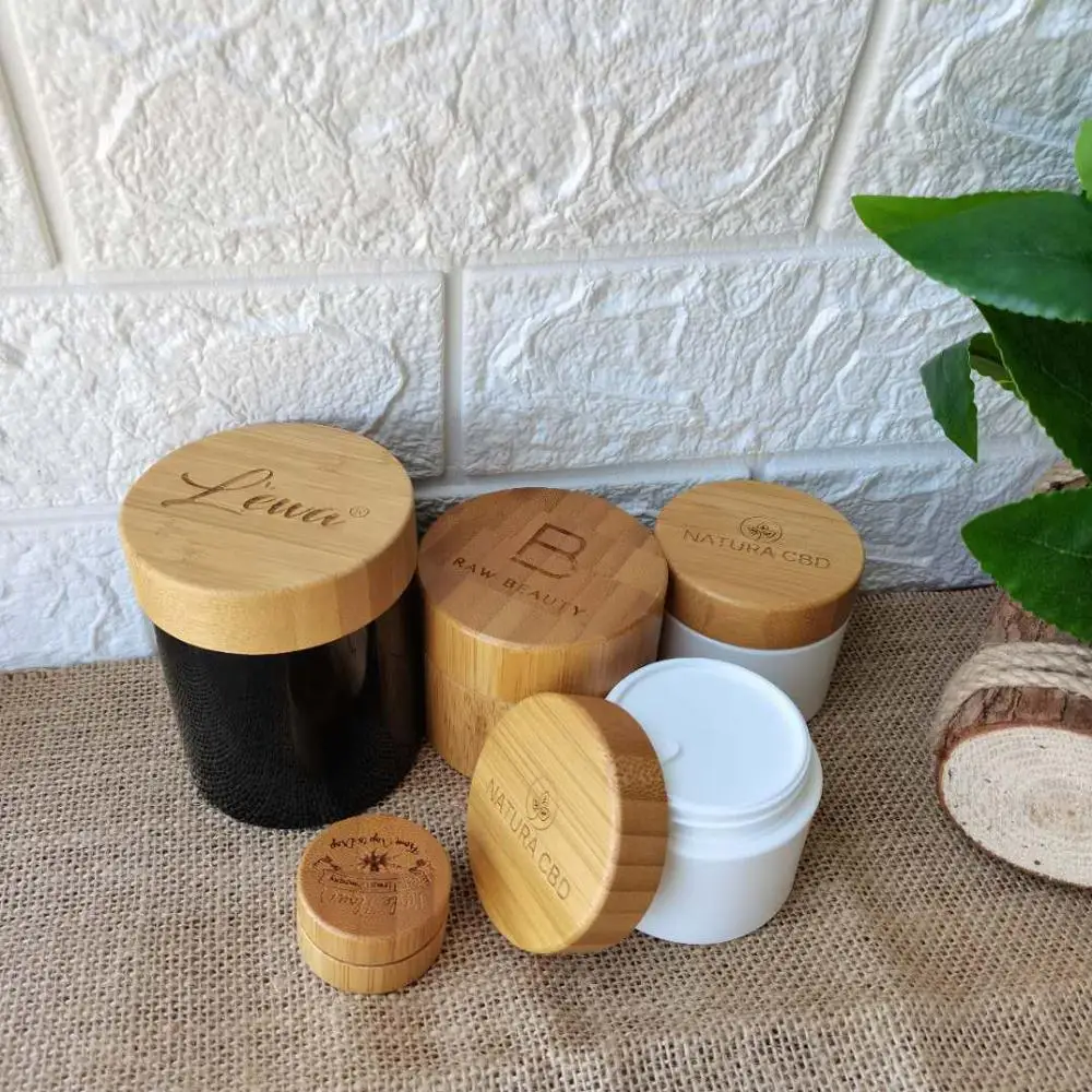 

cosmetic containers cream jar10g 30g 50g 100g 150g White PP Plastic Jar with Bamboo Lid face cream container
