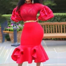 Europe America 2021 Autumn New Fashion Plus Size Women's Clothing Solid Color Round Neck Flared Sleeves Dress Sexy Mermaid Skirt