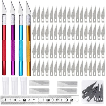 

LMDZ 4Pcs Sharp Carving Knives with 70Pcs Bottle Blade Stainless Steel Ruler Exacto Knife for Art Sculpture Wood Leather Working