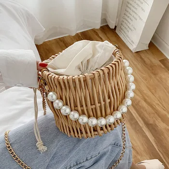 

Beading Chain Summer Small Straw Shoulder Bags For Women Rattan Weave Travel Beach Bucket Bag Women's Fashion Crossbody Handbags