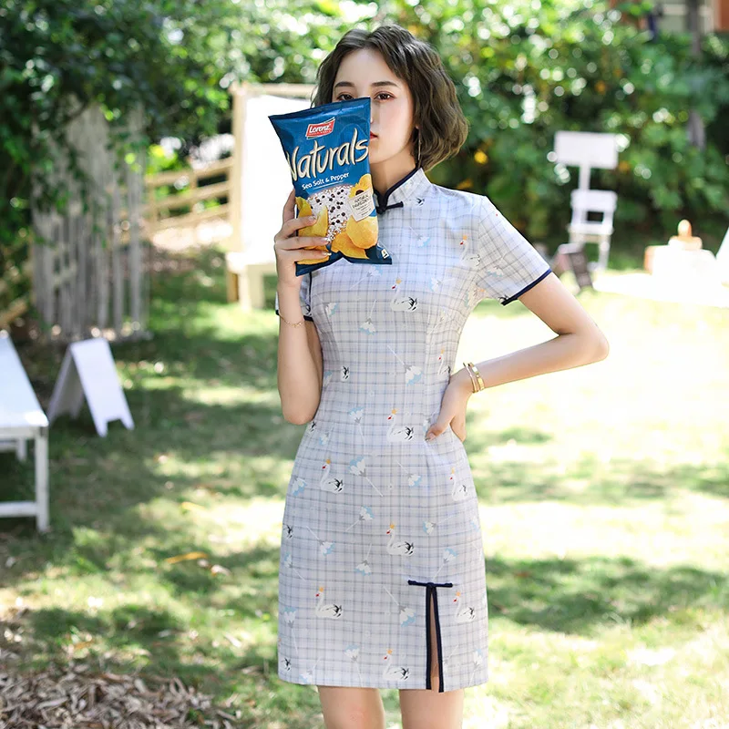 

Modern Short Cheongsam Blue Swan Mini Lattice Daily Short Chinese Wedding Dress Vintage Clothing Qipao Party Skirt