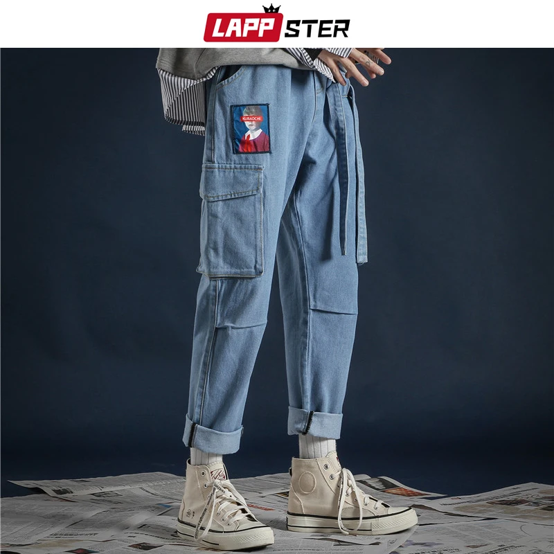 LAPPSTER корейские модные уличные джинсы брюки ленты Harajuku мешковатые джинсы пара высокого качества карманы джинсовые синие брюки