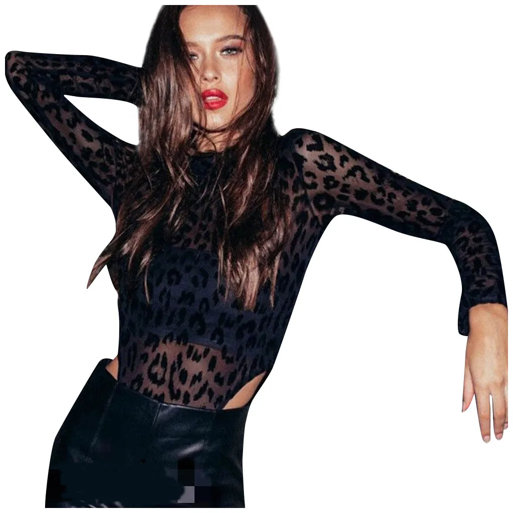 Сексуальные леопардовые сетчатые Прозрачные топы с длинным рукавом, женская блузка, пуловер, топы размера плюс, женская блуза