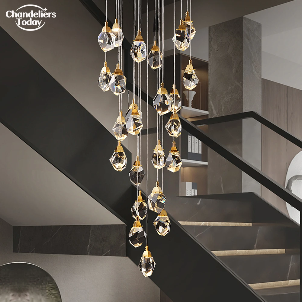 Modern Ceiling Chandelier LED Dimmable Crystal Pendant Hanging Lamp Stair Loft Suspension Lamp Brass Kitchen Island Hanging Lamp