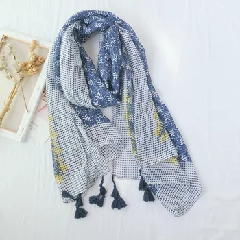 

Spring and summer 2019 new Japanese art blue print cotton and linen scarf polka dots color matching sunscreen Shawls and Scarves