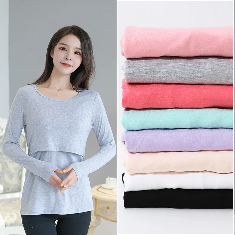 2023 Autumn Long Sleeve O-neck Solid Color Postpartum Women Cotton Nursing T-shirt Maternity Breastfeeding Top and Tees 7 Colors