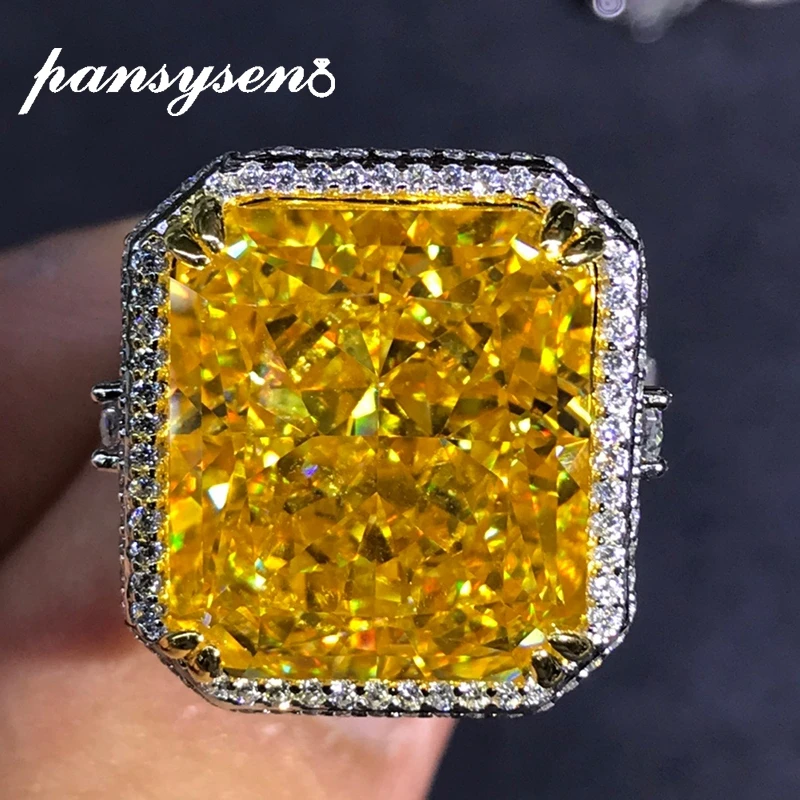 

PANSYSEN Top Quality Solid 925 Sterling Silver 15ct VVS 3EX Radiant Cut Big Citrine High Carbon Diamond Ring Women Wedding Gifts