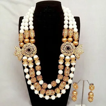 

Gorgeous White Beads African Jewelry Sets Chunky Bib Statement Dubai Gold Bridal Necklace Set Party Jewelry Set for Women NCL723