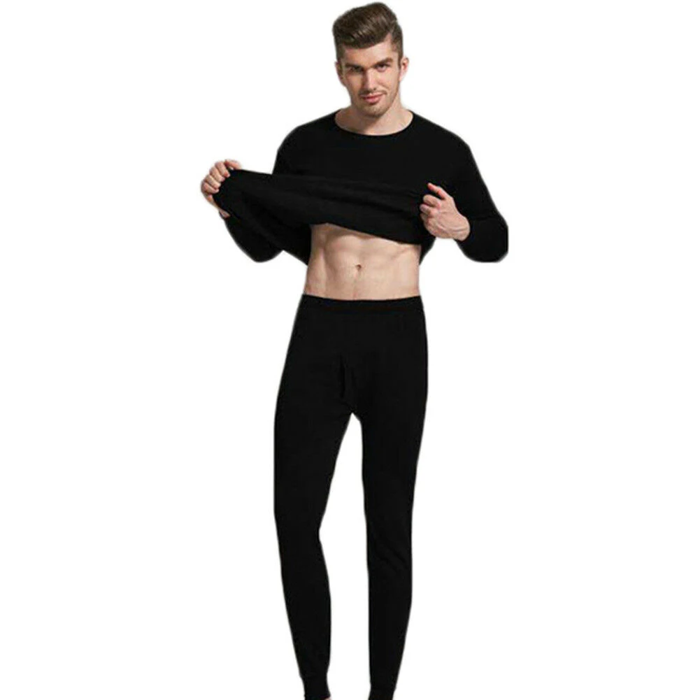 Newly Fashion Men Seamless Elastic Warm Plus Velvet Thick Inner Wear Thermals Pure Color Underwear Pants Set Homewear - Цвет: Черный