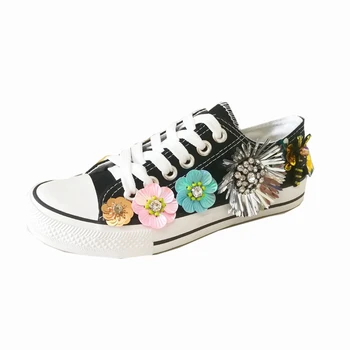 

Korean Sneakers Women's Rhinestones Sneaker Casual Ladies Canvas Shoes Bling Flower Glitters Flats Female Trainers Basket Femme