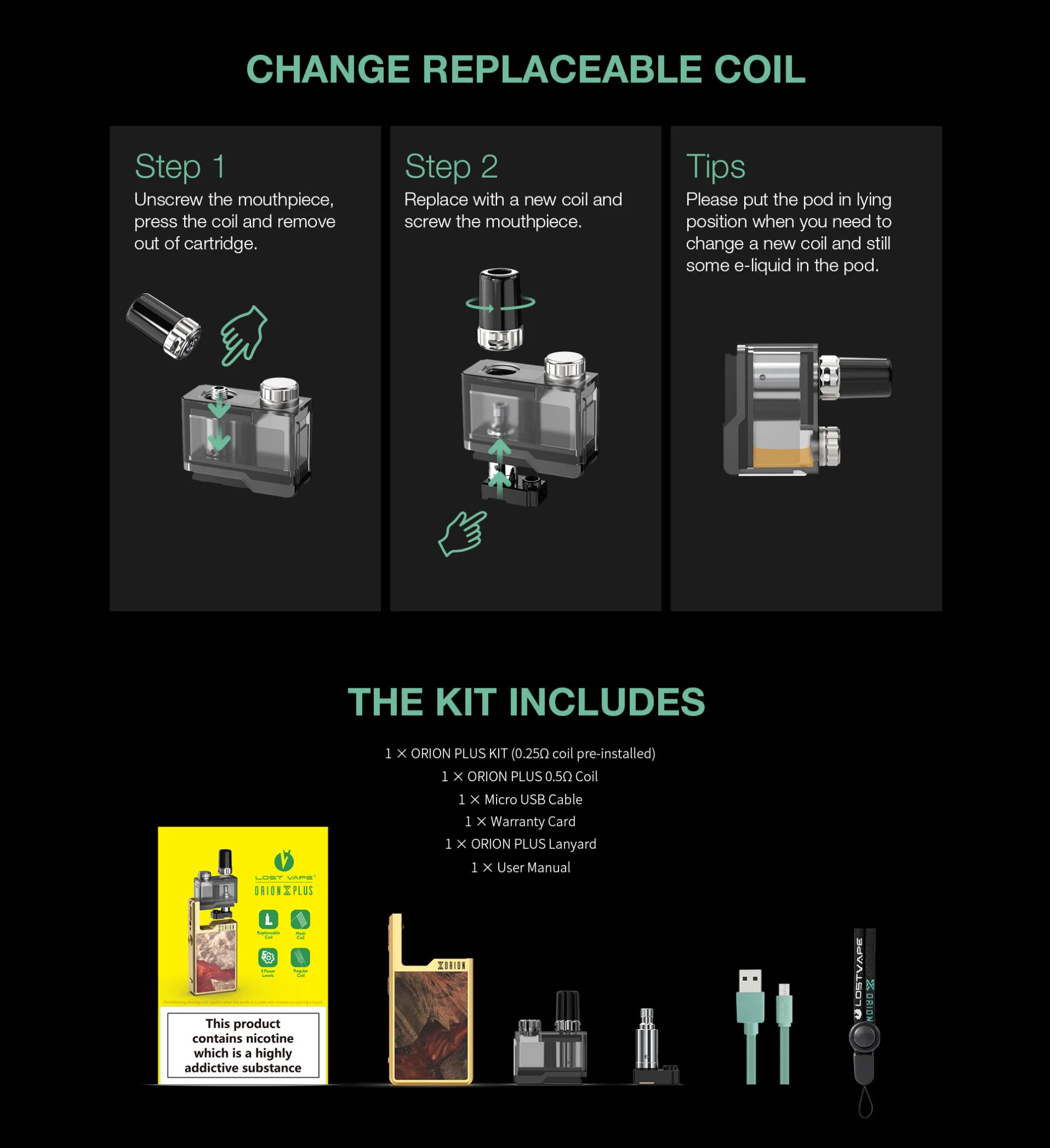 Lost Vape Orion Plus DNA Pod Комплект 2 мл картридж 950 мАч батарея 0.25ohm сетка катушка LostVape электронная сигарета испаритель