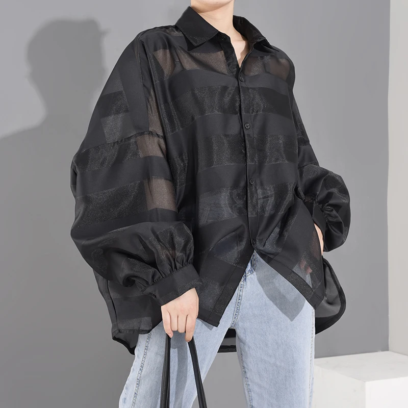 

Black perspective large size thin top lapel long-sleeved loose-fit shirt female lantern sleeves fashion spring and summer