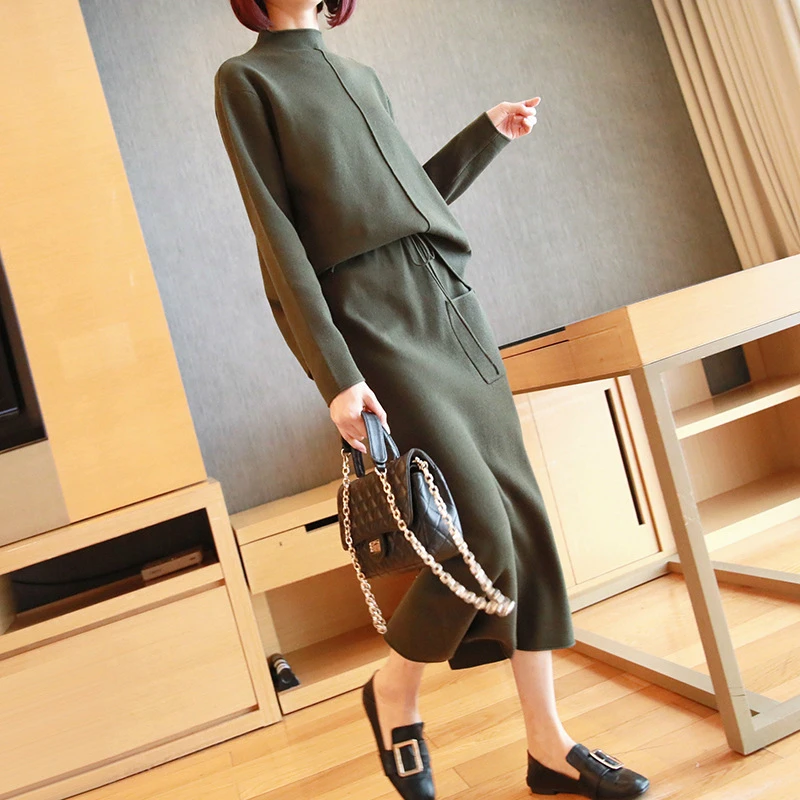 

2019 Autumn Winter New Arrival Casual Korean Style 2 Piece Set Black Sweater and Midi Bodycon Skirt Ladies Knitted 2 Piece Set