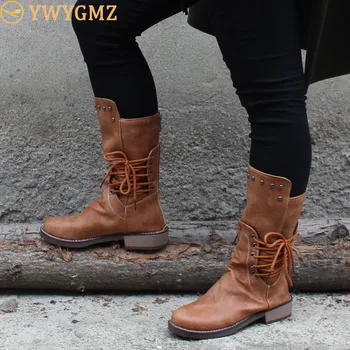 

Rivets Boots Women Square Heel Middle Tube Zipper Boots Square Heels Round Toe Shoes Plus Size 43 Feminina Zapatos De Mujer