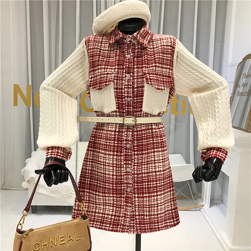 

New Tweed Patchwork Women Dress Vintage A-Line Plaid Above Knee, Mini Winter Winter Dresses Women 2019 Mini Dress