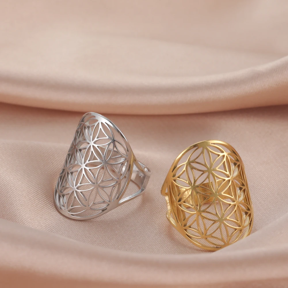 Skyrim Stainless Steel Flower of Life Rings for Women Girls Gold Color Sacred Geometry Jewelry Amulet Adjustable Rings Gifts