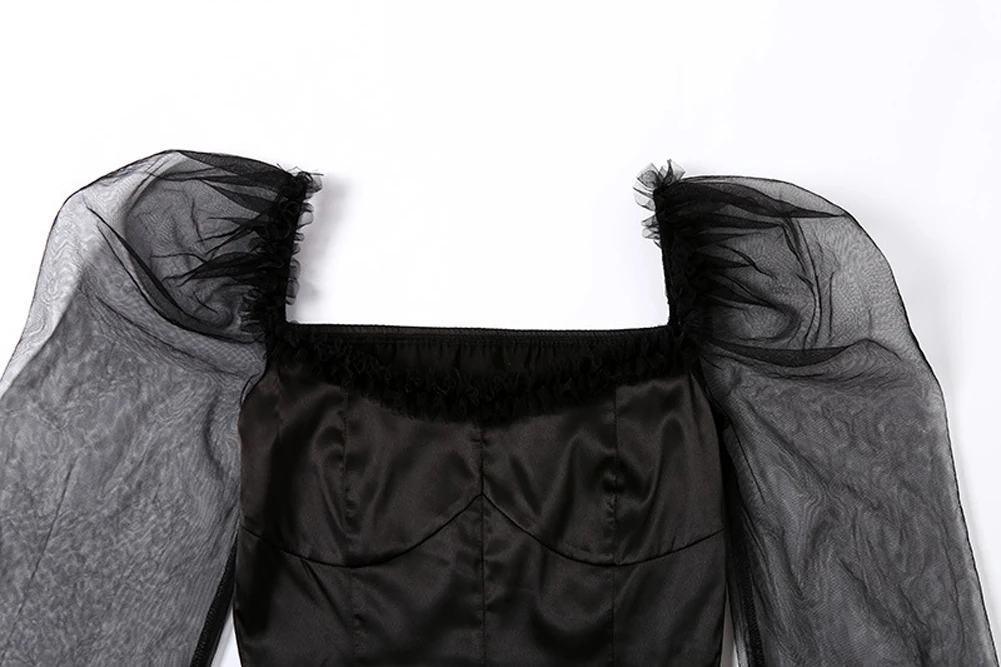 Хит, женская сексуальная однотонная Лоскутная вязанная короткая рубашка, блузки, женские блузки с пышными рукавами, прозрачные кружевные сетчатые блузки, топы
