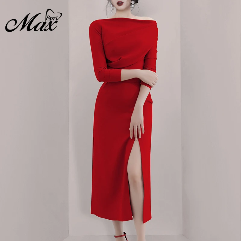 

Max Spri Slash Neck Slim Split Women 2 Piece Sets 2019 New Fashion Long Sleeves Office Lady Skirt Suits Black Red