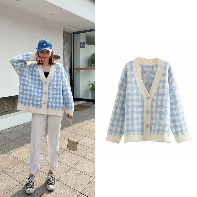

Za 2019 NEW Women Sweaters Chic Plaid V-Neck Single Breasted Cardigan Long Sleeve Loose Knitting Warm Ladies Sweaters Female