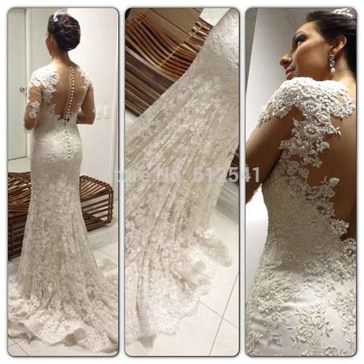 2019 Fashion Long Sleeve Wedding Dresses Sheer Sheath Sweetheart Appliques Lace Beads Covered Back Bridal Gown vestido de noiva