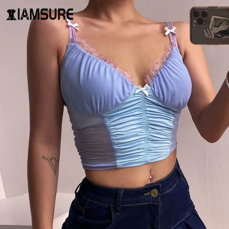 

IAMSURE Summer Home Fashion Leisure Outfits Female Tank Tops Sexy V-Neck Patchwork Mesh Crop Tops For Women Aesthetic 90s Tops
