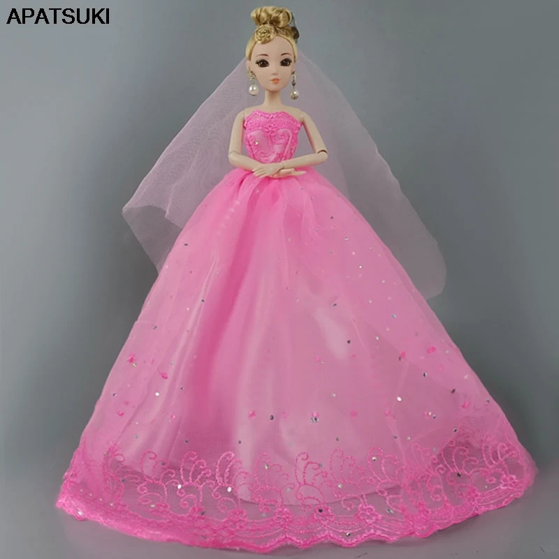 Pink Fashion Doll Dress For Barbie Doll Clothes Gown Veil