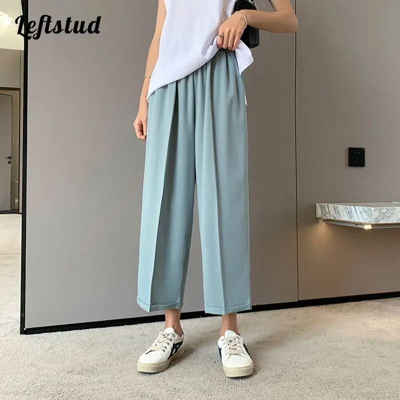 Ladies Chiffon Wide Leg Suit Pants Thin Section 2021 Summer New Korean Fashion High Waist Loose Straight Casual Cropped Pants