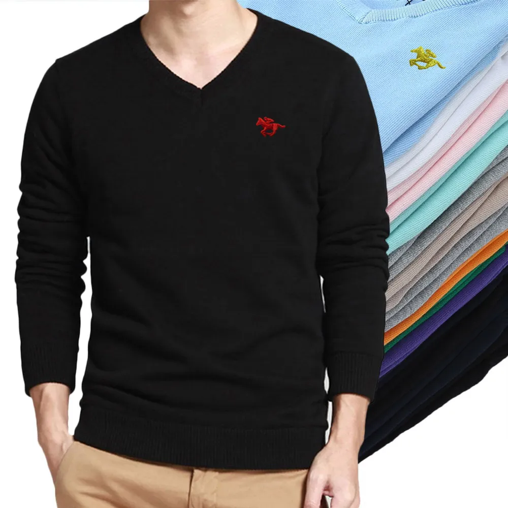 Suéteres de algodón con logotipo de Polo bordado para hombre, 100% de punto ajustados de Color sólido con cuello de pico, ropa informal de otoño, novedad de 2021