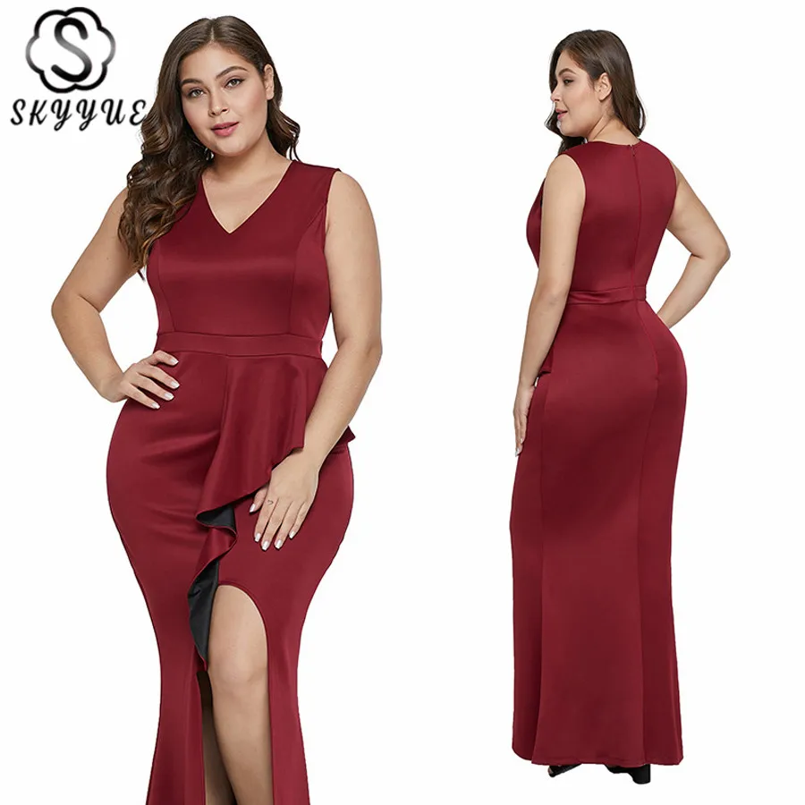 

Skyyue Sexy V-Neck Evening Dress Sleeveless Robe De Soiree Plus Size Mermaid Women Party Dresses Solid Ruffles Formal Gowns T023