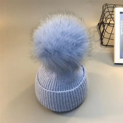 Blue Cap Новая теплая зимняя шапка с помпоном для маленьких девочек, шарф, комплект, натуральный шарик из меха лисы, теплые вязаные шапки для мамы и ребенка, шапочка для родителей и ребенка - Цвет: Blue Cap