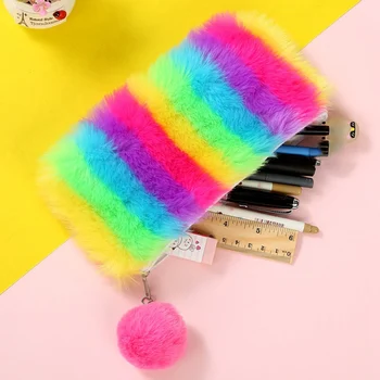 

Korean Kawaii Cute Plush School Pencil Case Rainbow Color Pen Case For Girls Large Capacity Pen Bag Stationery Pouch Box
