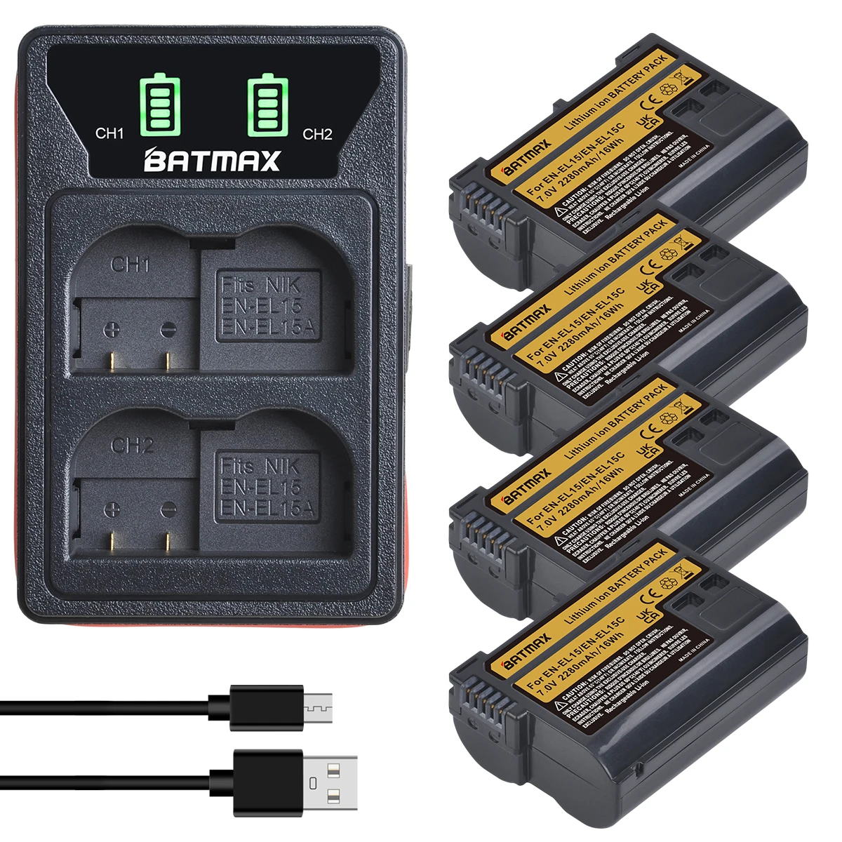 Batmax 2280Mah En-El15C En-El15 Batteria + Led Usb Dual Charger Per Nikon Z5,Z6,Z6 Ii,Z7,Z7Ii D600 D610 D600E D800 D810 D800E D850