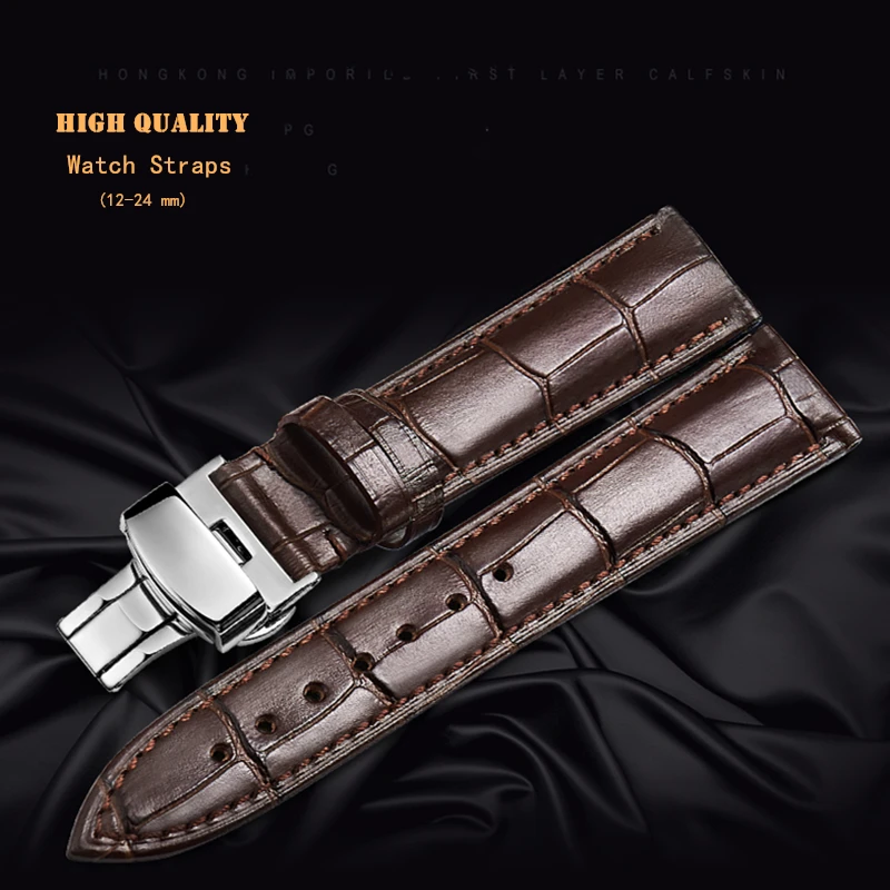 Premium Leather Watch Strap with Butterfly Clasp - Fashion Black